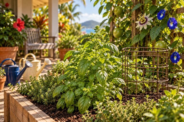 A tall leafy basil plant beside an empty wire seedling cage in a raised garden bed.