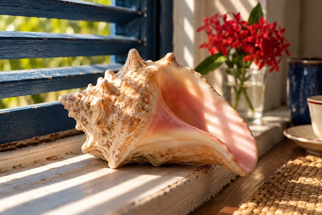 A close view of a conch shell on a windowsill, its inner curve lit by striped morning light.