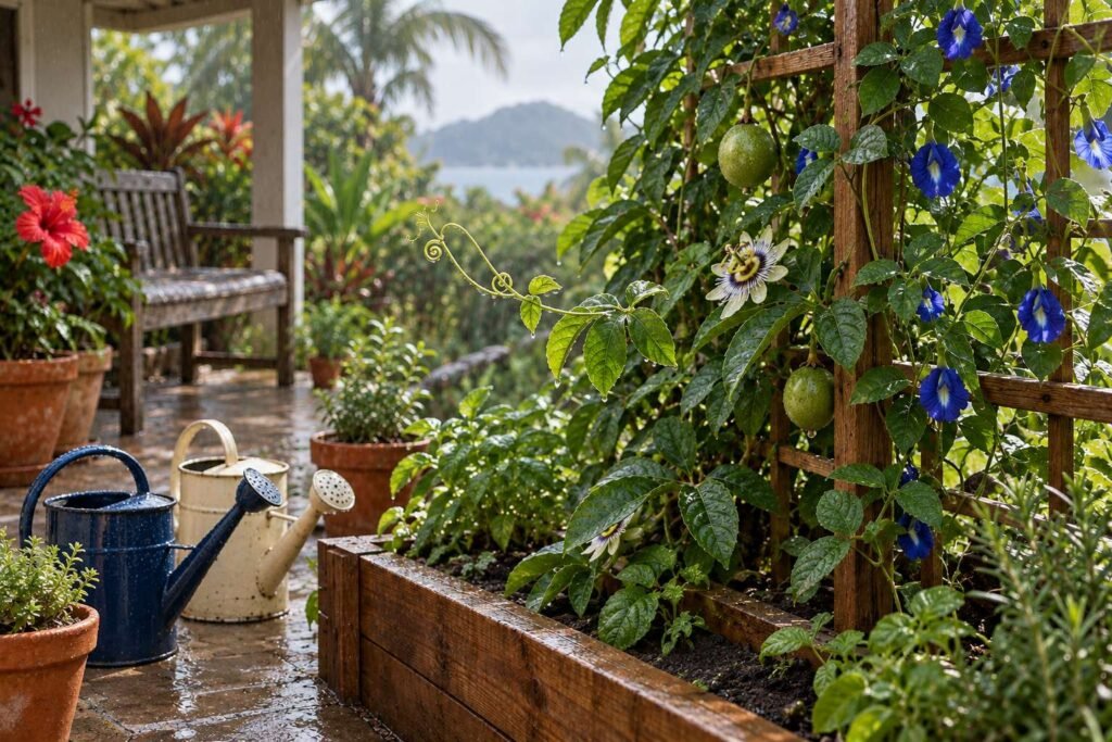 The garden in the first rain of the wet season, the cedar trellis and watering cans glistening under a grey sky.