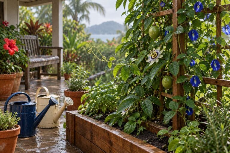 The garden in the first rain of the wet season, the cedar trellis and watering cans glistening under a grey sky.