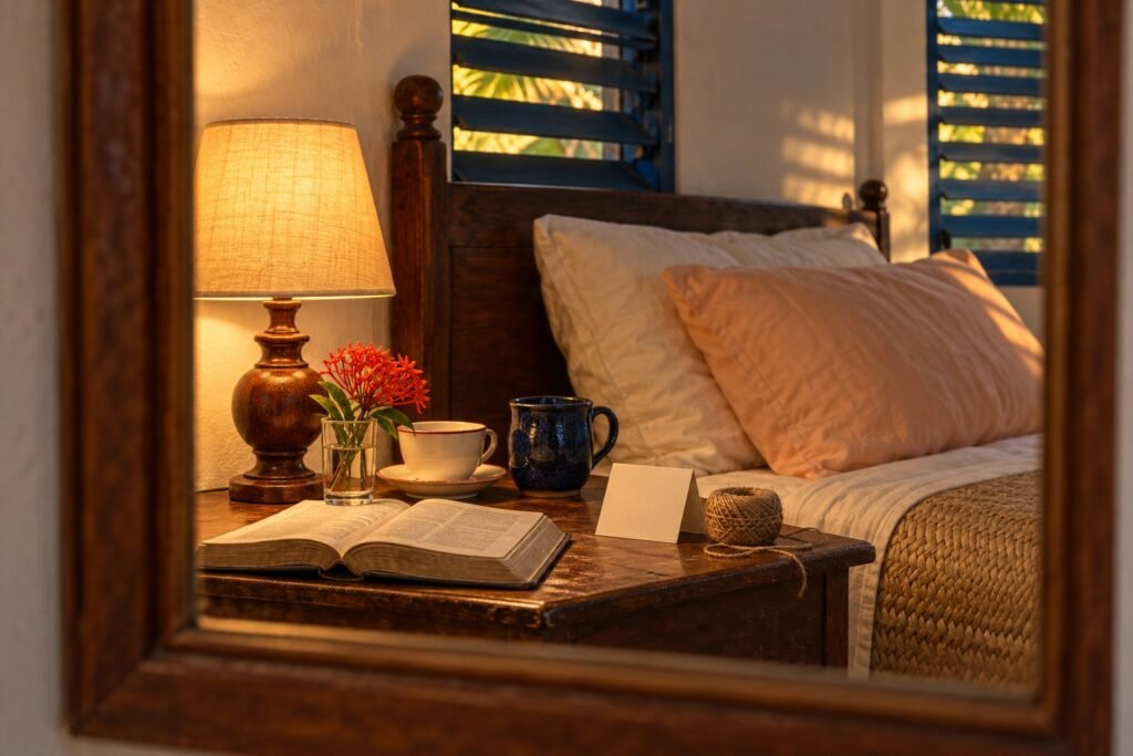 A bedroom mirror reflecting a bedside table with an open Bible, a lit lamp, two cups and the pillows behind.