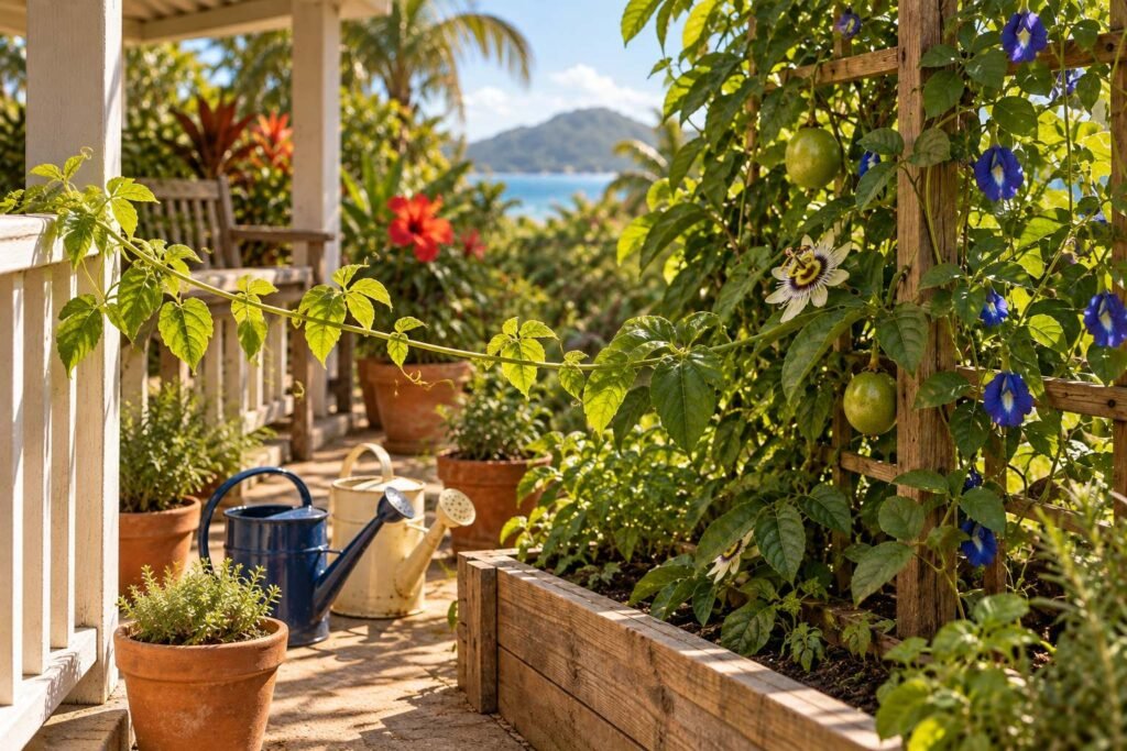 A passion-fruit vine sending a long new runner along a white verandah rail, still rooted in the same garden bed.