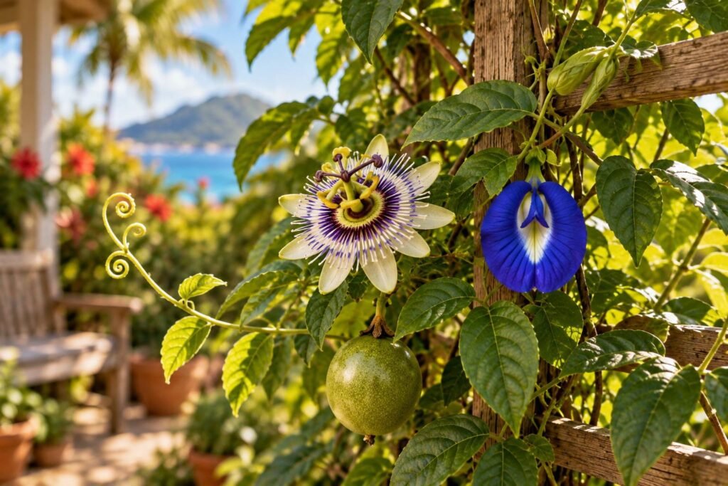 A close view of a passion flower and a deep blue butterfly-pea flower opening side by side on a cedar trellis.
