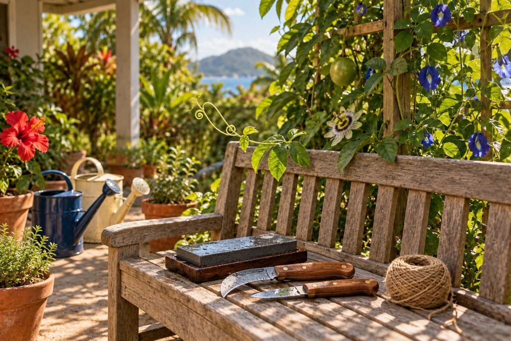 Two wooden-handled pruning knives beside a wet whetstone on a weathered garden bench.