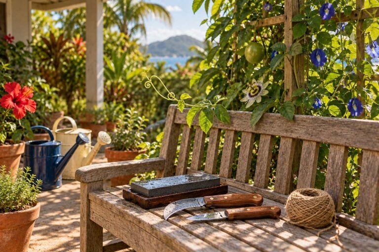 Two wooden-handled pruning knives beside a wet whetstone on a weathered garden bench.