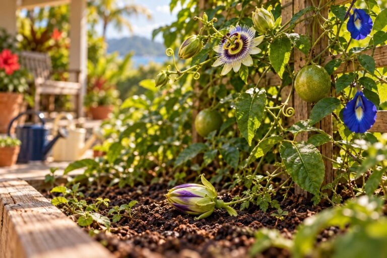 A fallen passion-flower bud lying on dark soil in the foreground, new buds opening on the vine above.