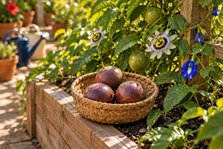 A close view of a woven basket holding three ripe purple passion fruit on the edge of a cedar garden bed.