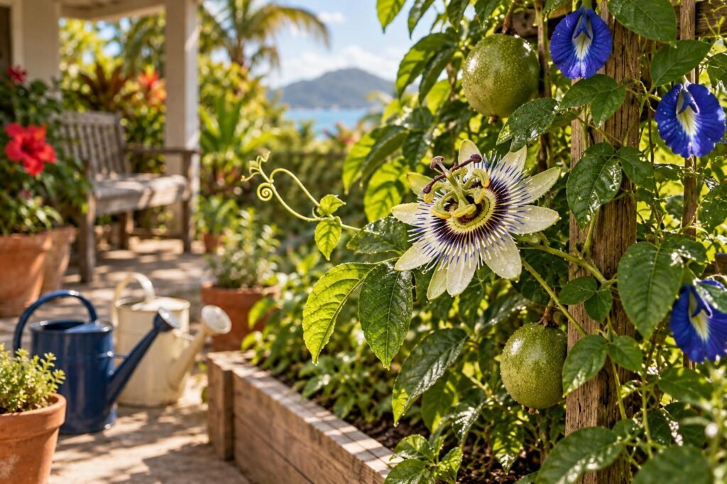 A close view of a dew-covered passion flower and its intricate centre, the garden softly out of focus behind.
