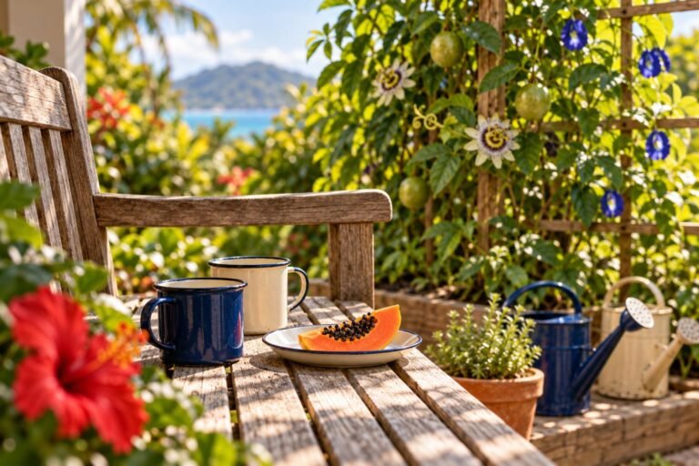 A blue and a cream enamel mug beside a plate with a slice of papaya on a garden bench, a red hibiscus in front.